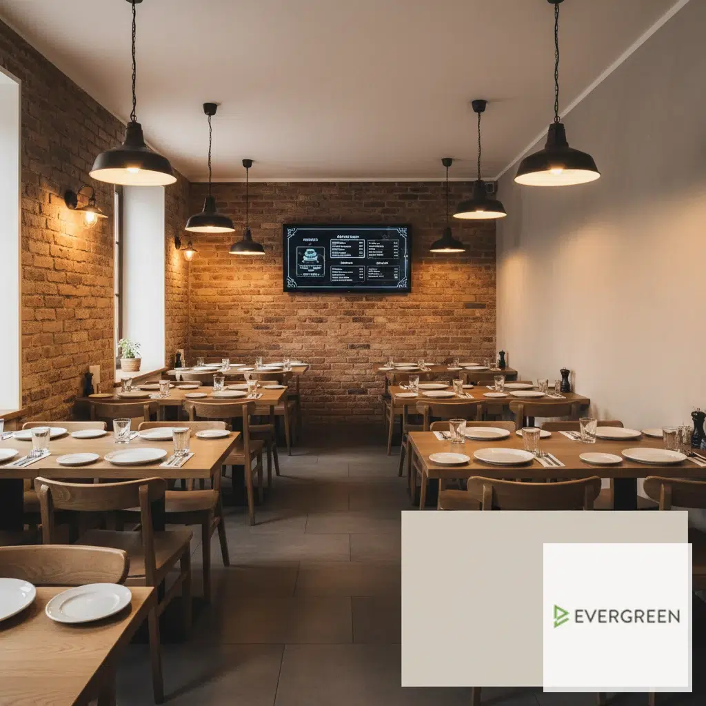 Small restaurant dining room with mounted digital menu board — best digital menu board for small restaurants